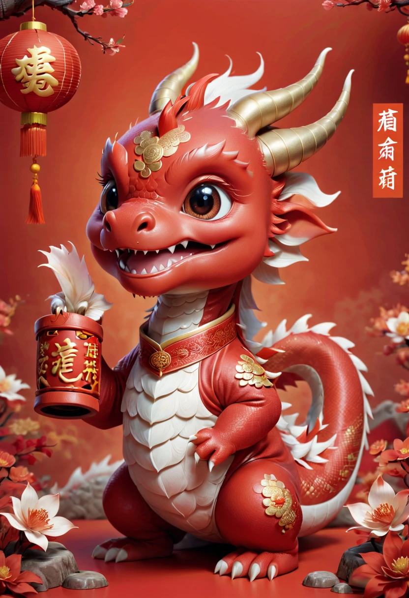 Q version,Cute little dragon,Hold the scroll,Chinese style,Red space,festive atmosphere,Chinese New Year,CNY,,Chinese elements,Cartoon,Cute pet,Lively