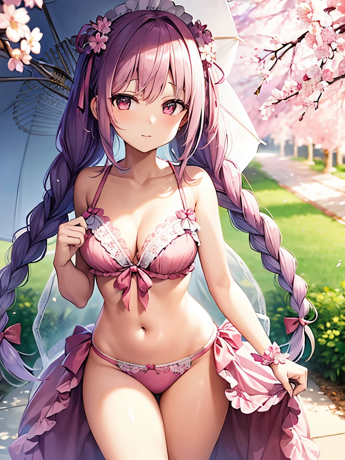 Imagine an anime girl with lavender-hued hair styled in twin braids adorned with cherry blossom accessories, embracing the sweetness of a floral ta aesthetic. Her bikini, a delicate blend of pastel pinks and soft lavender, features cherry blossom motifs and layers of lace. Posing in a serene cherry blossom grove, she stands with an open parasol. The bikini has subtle cherry blossom embroidery and lace frills, and her expression is one of gentle sweetness, embodying the charm of a sweet cherry blossom Loliloom.