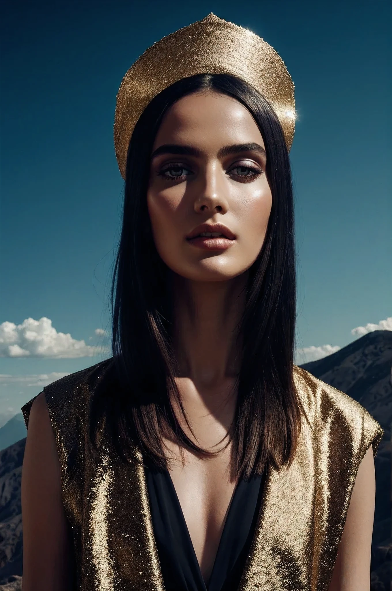 Mixed eclectic beauty in beautiful bright Cinematic scene obscured by Tectonic crater, High fashion portrait seen