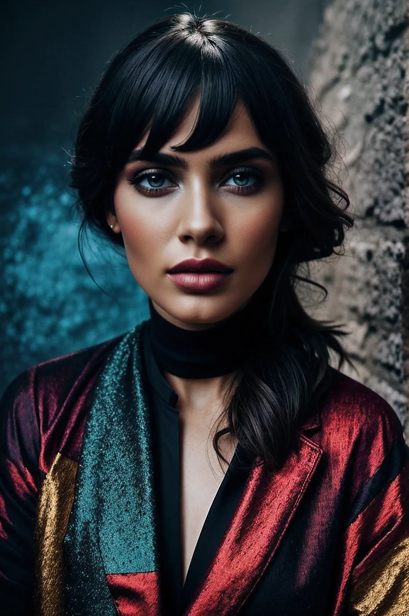 Mixed eclectic beauty in beautiful bright Cinematic scene obscured by Tectonic crater, High fashion portrait seen