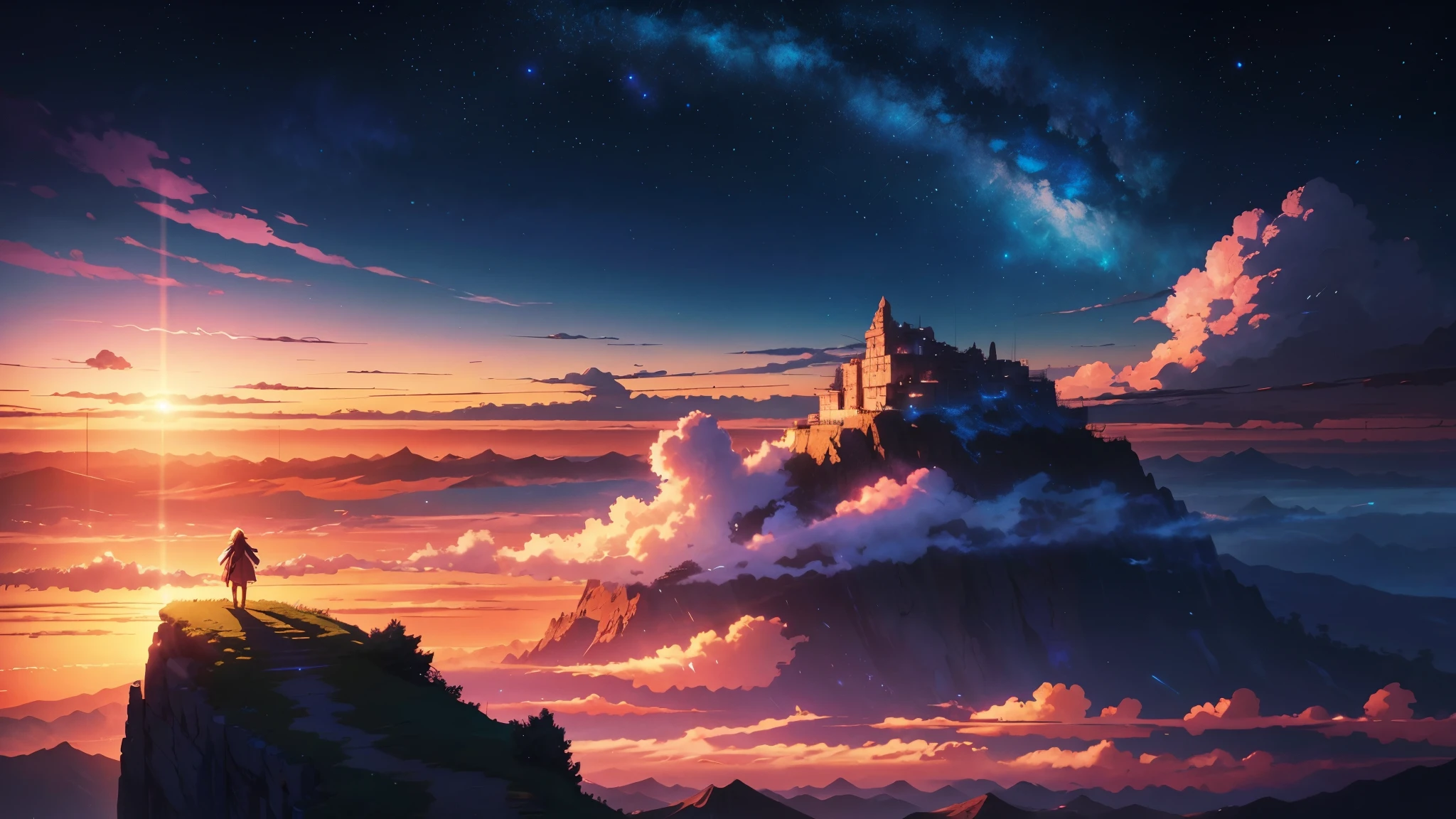 anime - style scene of a beautiful mounain with sky. by makoto shinkai, anime art wallpaper 4k, anime art wallpaper 4 k, anime art wallpaper 8 k, anime wallpaper 4k, anime wallpaper 4 k, 4k anime wallpaper, anime sky, amazing wallpaper, anime background, heaven planet in background, anime background art
