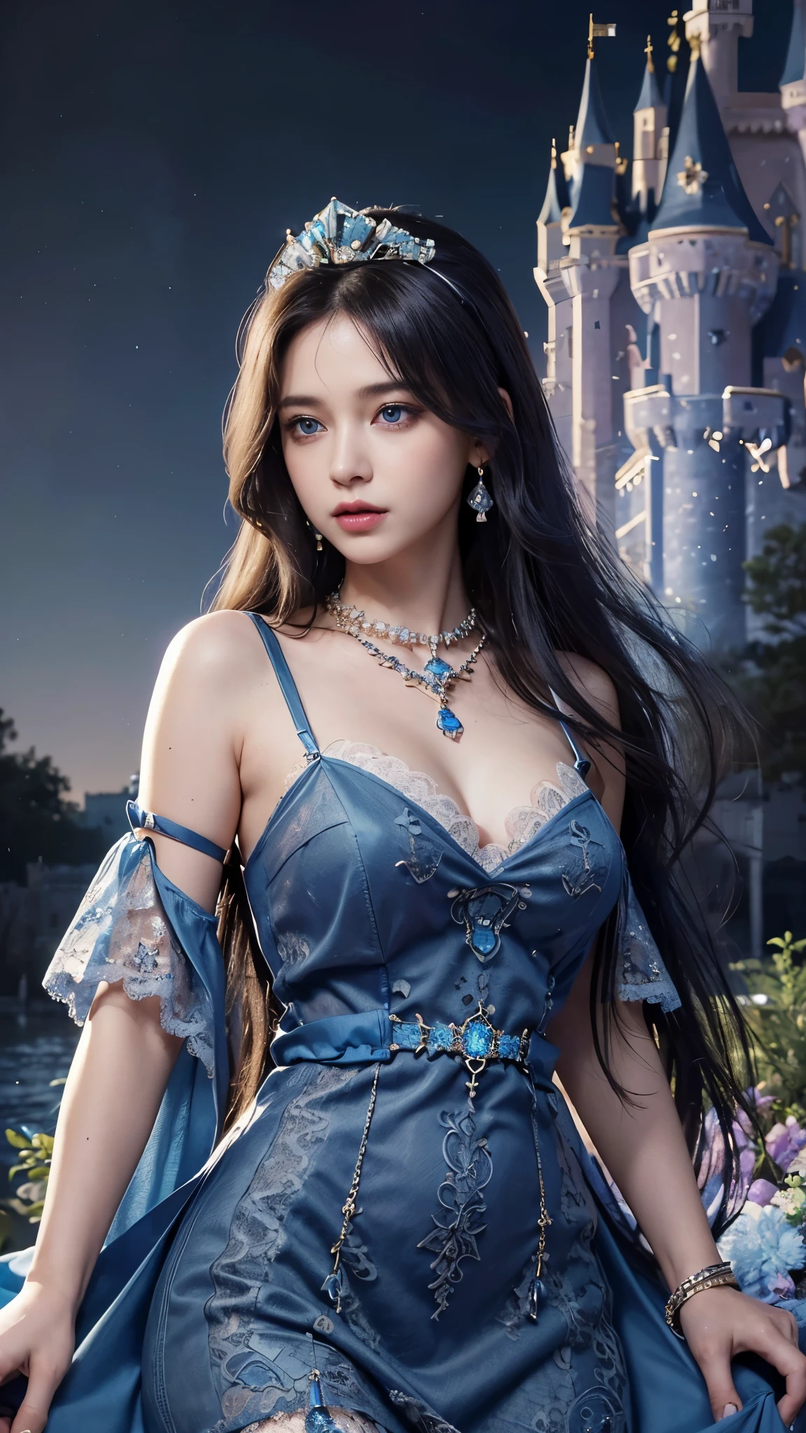 8K, ultra HD, masterpiece, realistic, 1 girl, good face, smoggy makeup, very long hair, princess hairstyle, detailed eyes, detailed lips, medium figure, very detailed dress, (blue dress:1.5), (strap:1.5), (lace:1.5), (net stocking:1), (jewelry:1.8), (princess castle background:1.5), water, bloom lighting, night lighting, darkness,