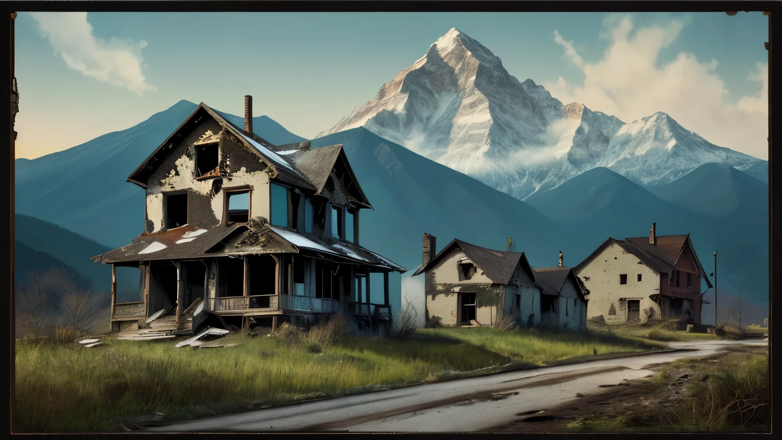 Abandoned house, mountain background, intricate, high detail, sharp focus, 1940s poster