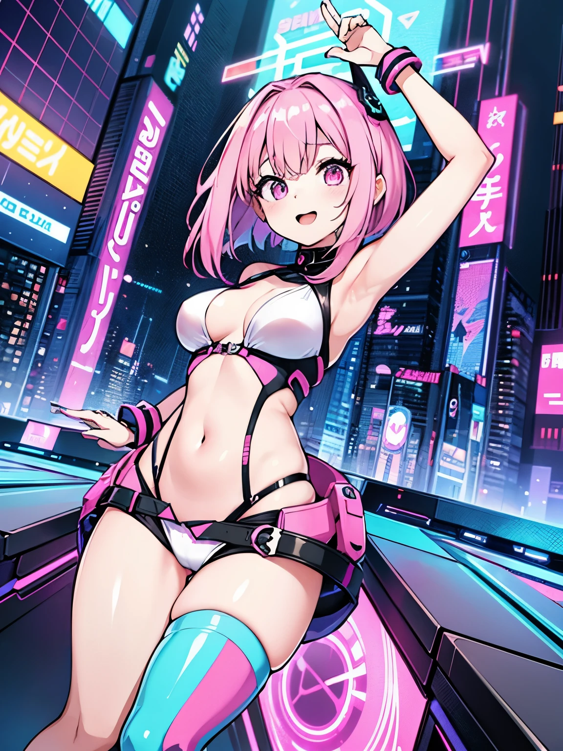 Imagine an anime girl with neon-pink hair styled in a futuristic bob, adorned with augmented reality symbols. Her latex swimsuit, a fusion of vibrant pinks and neon accents, pulses with augmented reality effects. Positioned in a digital cityscape, she strikes a pose with holographic skyscrapers in the background. The swimsuit features AR-inspired patterns, and her expression is a playful mix of curiosity and seduction, inviting her virtual audience to join her in an augmented adventure.