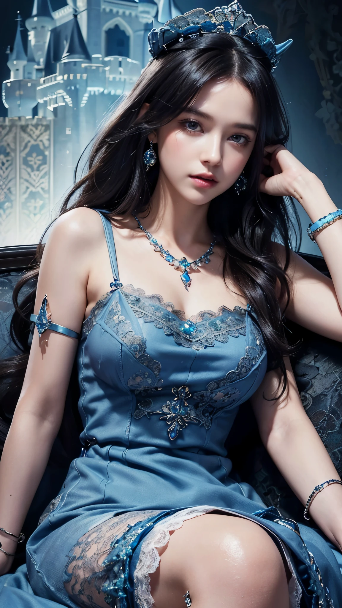 8K, ultra HD, masterpiece, realistic, 1 girl, good face, smoggy makeup, very long hair, princess hairstyle, detailed eyes, detailed lips, medium figure, very detailed dress, (blue dress:1.5), (strap:1.5), (lace:1.5), (net stocking:1), (jewelry:1.8), (princess castle background:1.5), water, bloom lighting, night lighting, darkness, sitting,