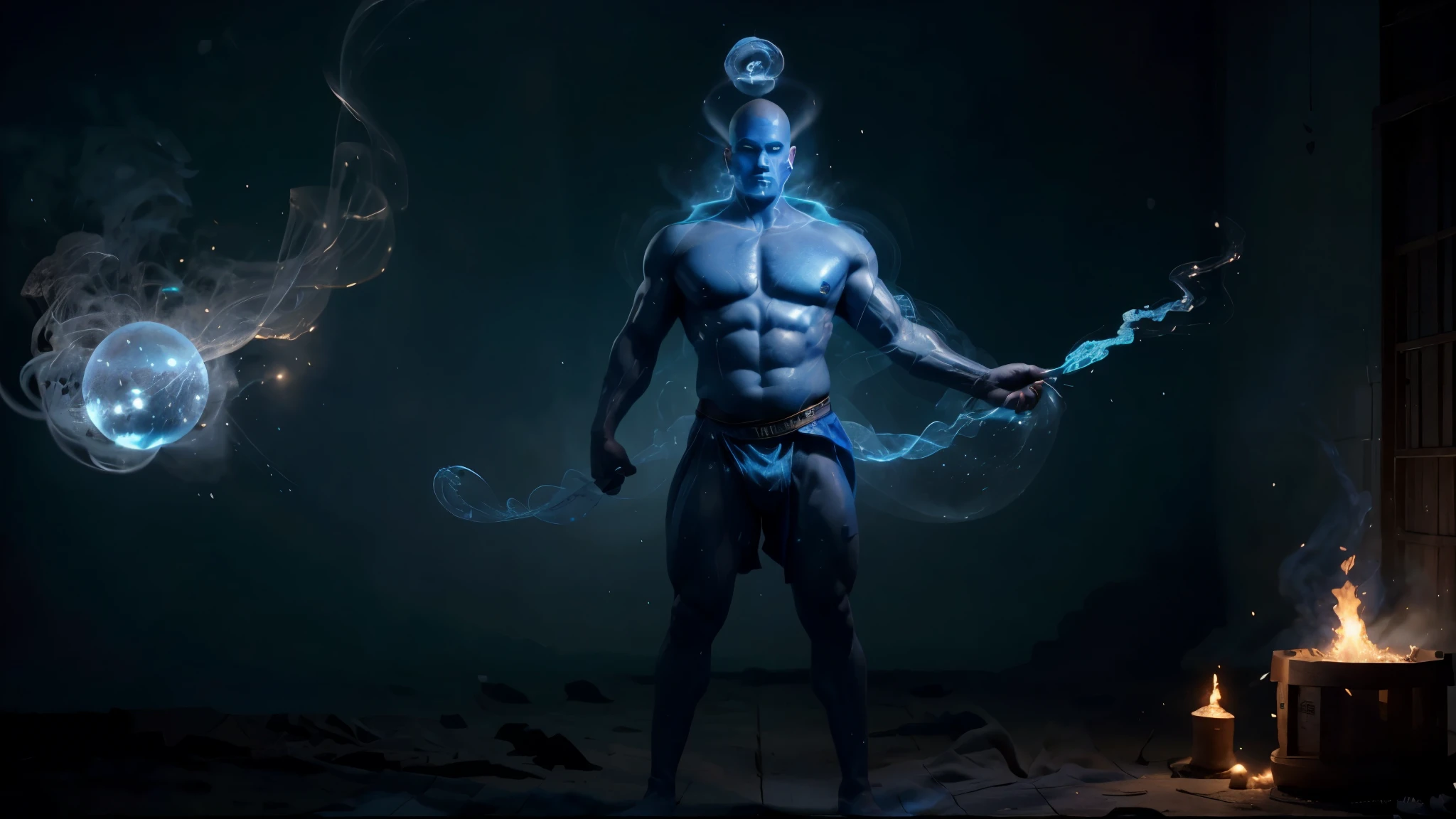 named genie is a man big an huge, genie skin blue and face blue, genie blade head and no hair, legs made from fogs and smoke, full body of genie, Visualize the Genie's first appearance. Consider a burst of radiant light accompanied by swirling magical particles