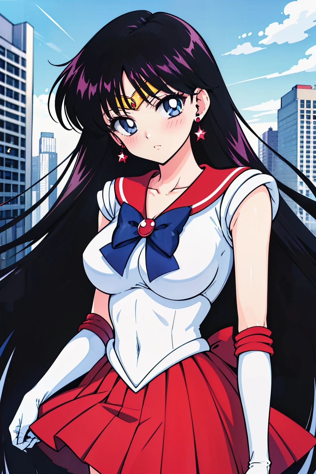 1990s \(style\), masterpiece, best quality, highres, city, medium breasts, 1girl, ReiHino, (sailor mars, neck ribbon, long hair, circlet, jewelry, crescent earrings), elbow gloves, white gloves, outdoors, blush, (embarrassed), morning, red skirt