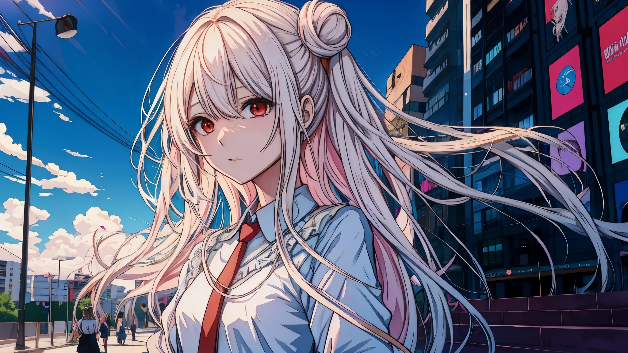Chica anime con largo cabello blanco y ojos azules parada frente a un edificio., chica con pelo blanco, estilo anime 4k, chica perfecta de pelo blanco, Fondo de pantalla de arte anime 4k, Fondo de pantalla de arte anime 4K, fondo de pantalla de arte anime 8 k, hermoso retrato animado, hermosa chica anime, Fondo de pantalla animado 4K, arte de anime digital detallado, retrato chica anime, hermosa mujer anime