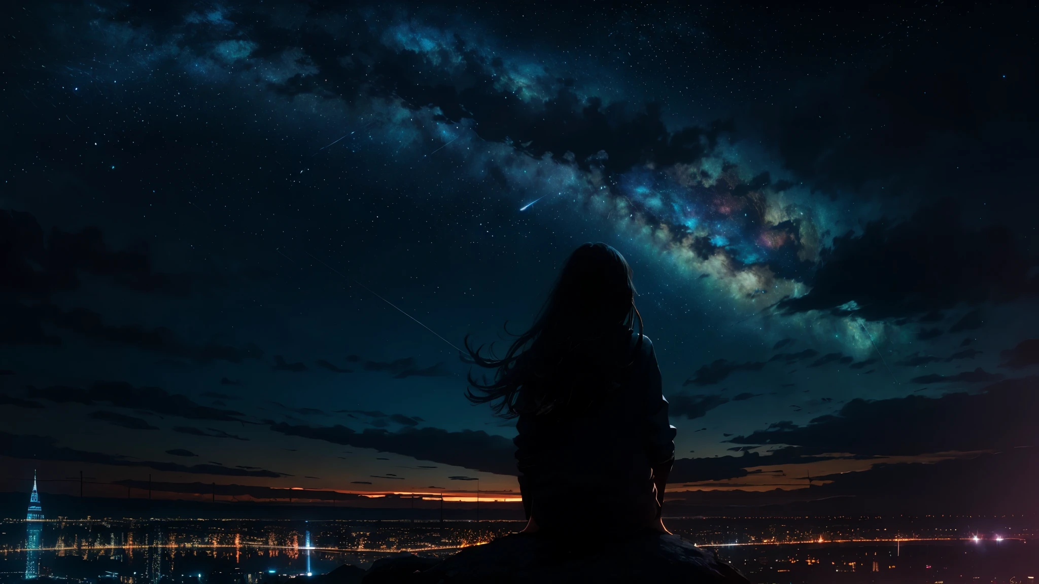 octans, sky, star (sky), scenery, starry sky, night, 1girl, night sky, solo, outdoors, signature, building, cloud, milky way, sitting, tree, long hair, city, silhouette, cityscape
