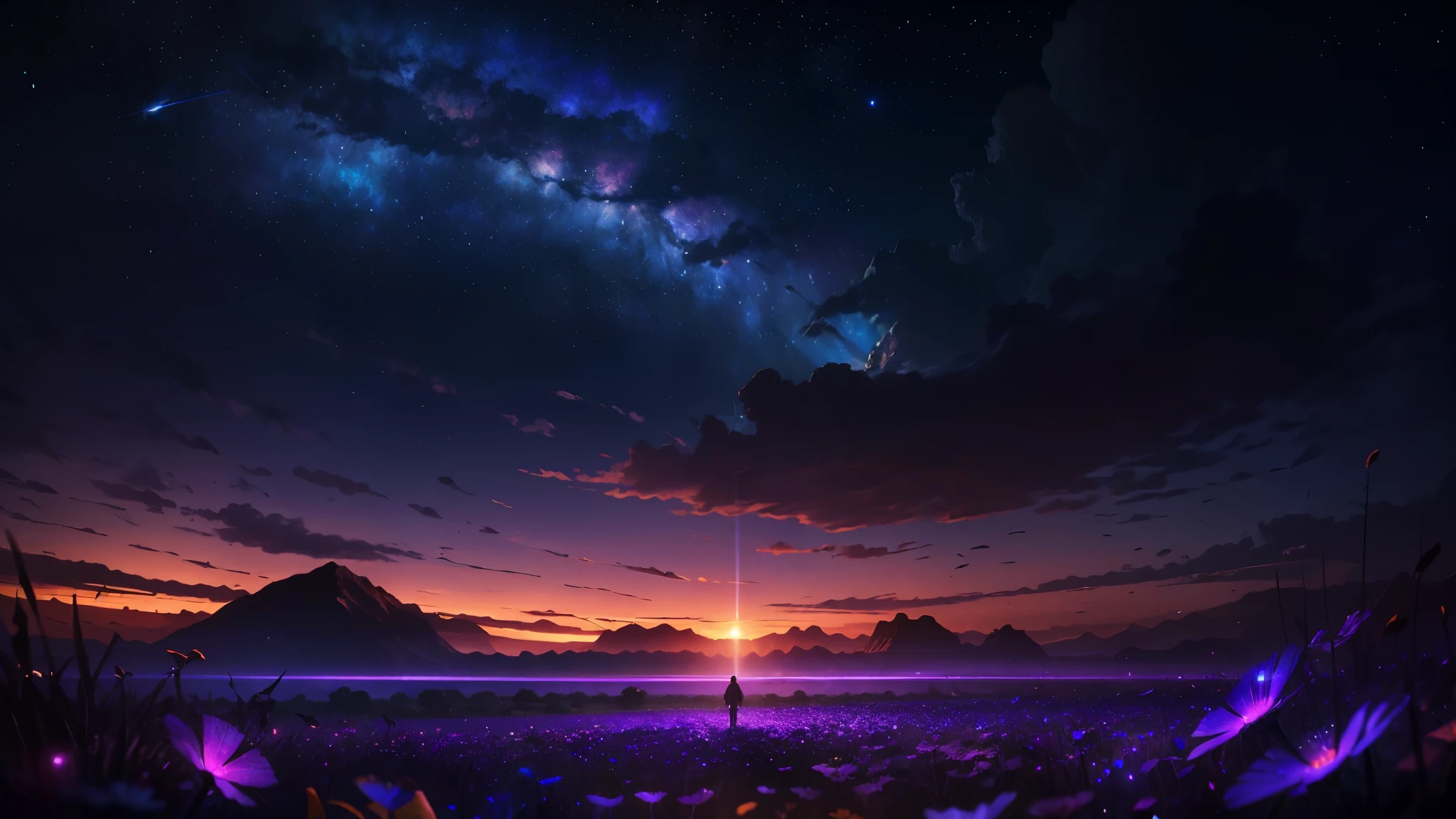 expansive landscape photograph , (a view from below that shows sky above and open field below), a girl standing on flower field looking up, (full moon:1.2), ( shooting stars:0.9), (nebula:1.3), distant mountain, tree BREAK
production art, (warm light source:1.2), (Firefly:1.2), lamp, lot of purple and orange, intricate details, volumetric lighting BREAK
(masterpiece:1.2), (best quality), 4k, ultra-detailed, (dynamic composition:1.4), highly detailed, colorful details,( iridescent colors:1.2), (glowing lighting, atmospheric lighting), dreamy, magical, (solo:1.2)
