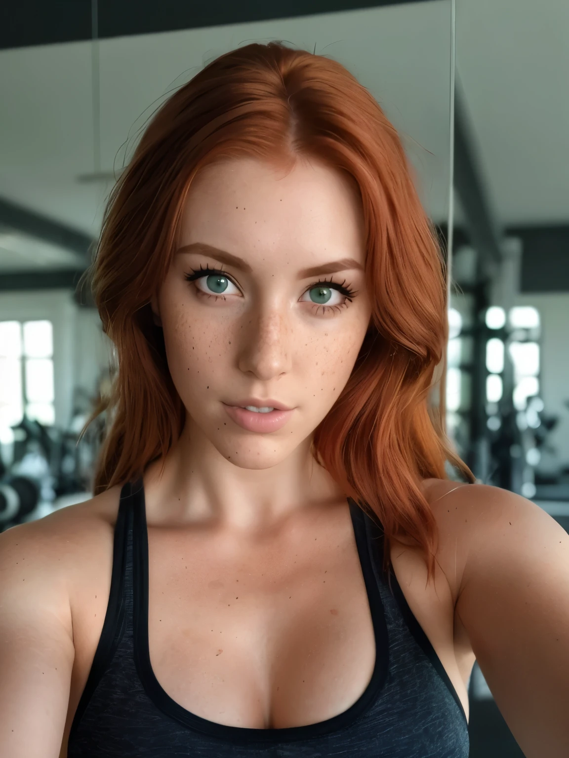 arafed woman with red hair and green eyes in a gym, sweaty 4 k, sexy girl with green eyes, freckled, amouranth, better known as amouranth, sexy look at the camera, ginger hair with freckles, working out, redhead girl, red hair and freckles, attractive face and body, with freckles, with red hair and green eyes
