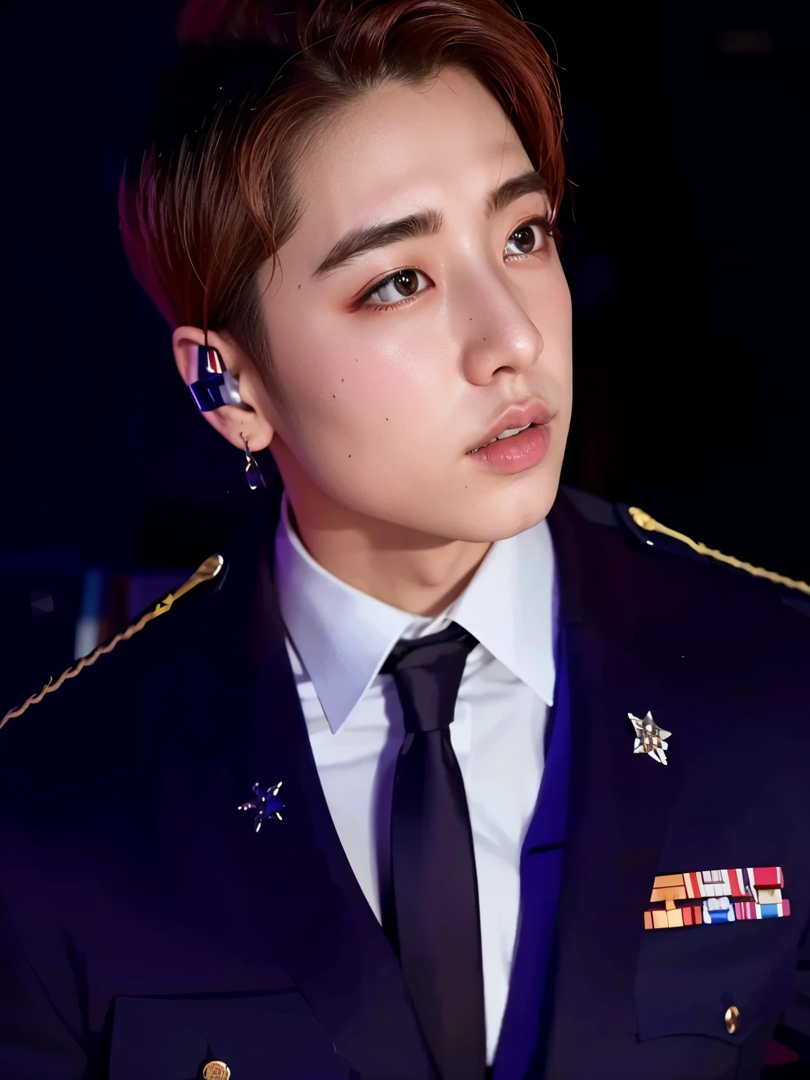 arafed image of a man in a military uniform with a tie, jungkook, cai xukun, official photos, hyung tae, taejune kim, inspired by Bian Shoumin, inspired by jeonseok lee, official photo, key still, beautiful androgynous prince, closeup portrait shot, korean kpop star, jk uniform, wry smirk, portrait of kpop idol