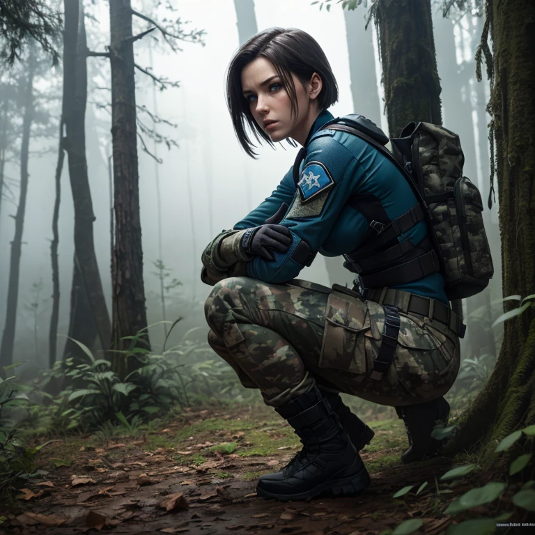 Jill Valentine, combat gear, crouching, focused expression, short straight hair, blue eyes, forest, raining, foggy, camouflaged, detailed skin