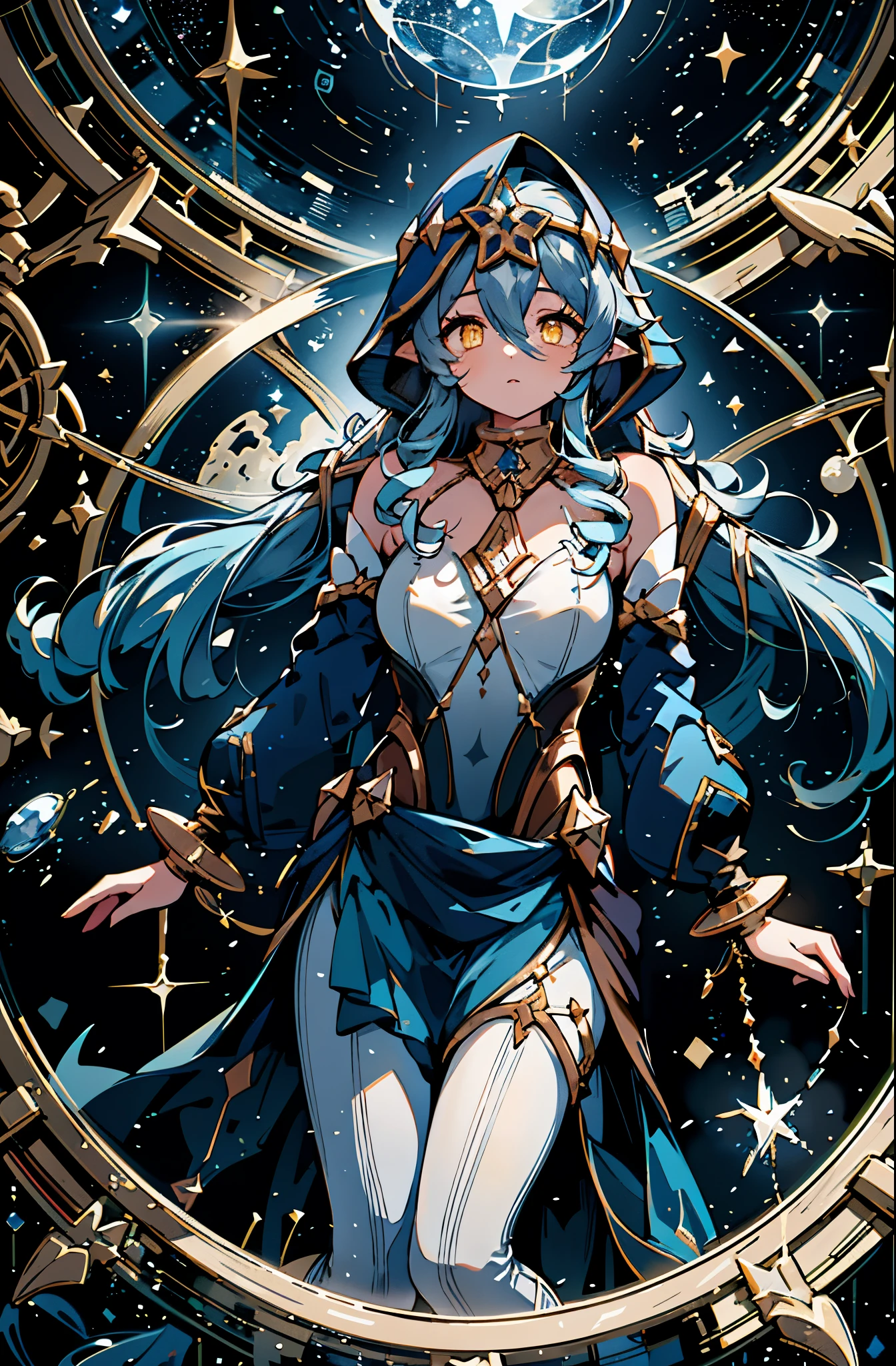 (1 girl solo, long flowy blue hair, yellow eyes, blue and white clothes, white leggings, blue hood, golden details and accessories, bare shoulders) ((fullbody shot, floating in space)) (masterpiece), (best quality:1.4), absurdres, [:intricate details:0.2], 1girl, Flowing robes, intricate magical circles, glowing map of the stars and constellations and galaxies, shimmering aura, intense focus, arcane incantations, crackling energy, levitating artifacts, flickering candles, swirling mist, sparkling stars, mystical crystals, glowing sigils, otherworldly chanting, mysterious symbols, powerful invocation, transcendent awareness, cinematic light, cinematic shot, dramatic shot, movie poster aestethic