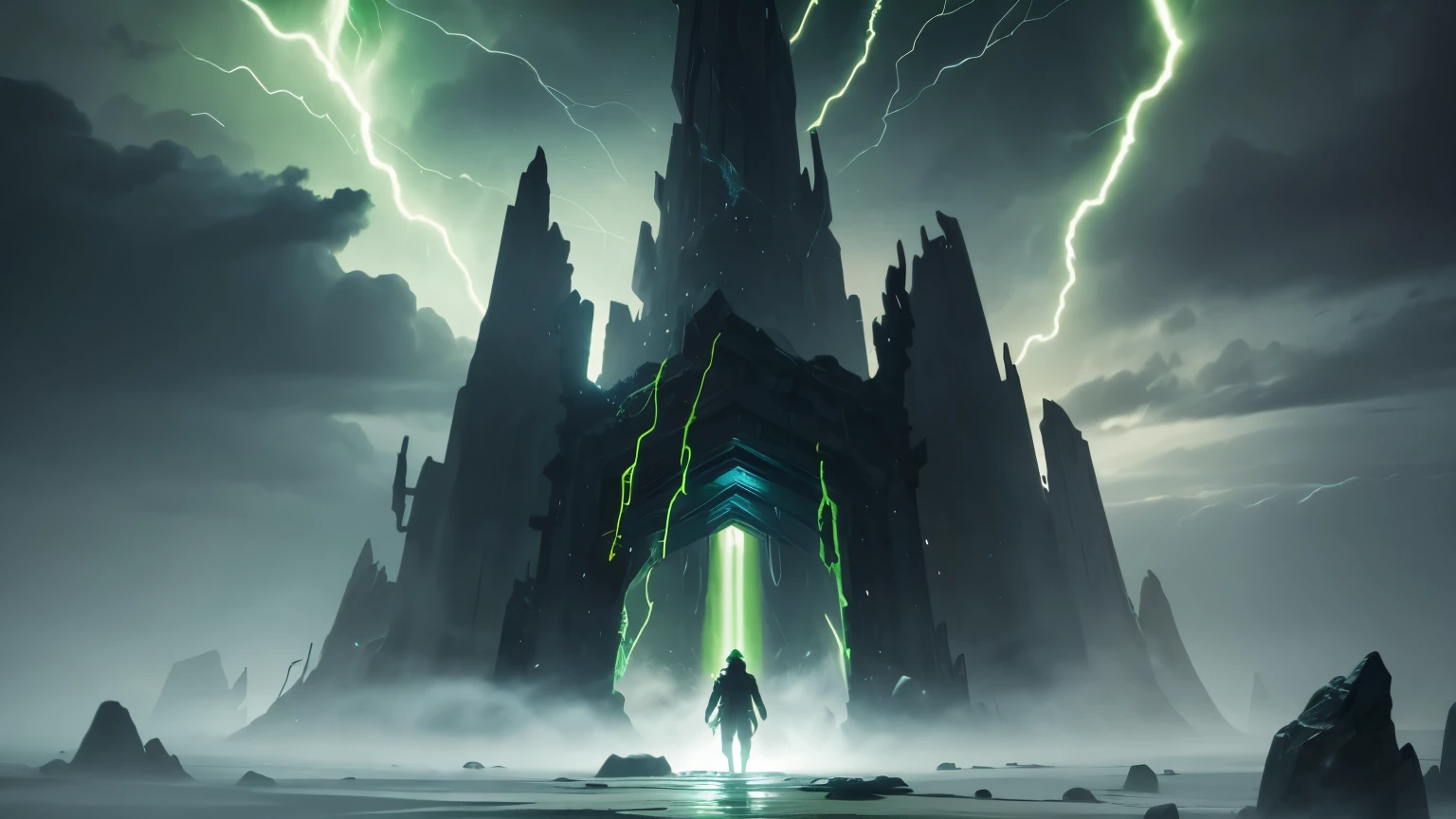 A shimmering portal opens amidst a crackling storm, bathed in the ominous green light of Mjolnir's magic. Thor, draped in shimmering temporal energy, steps through, leaving behind the familiar landscapes of Asgard for the uncharted territory of ancient Greece