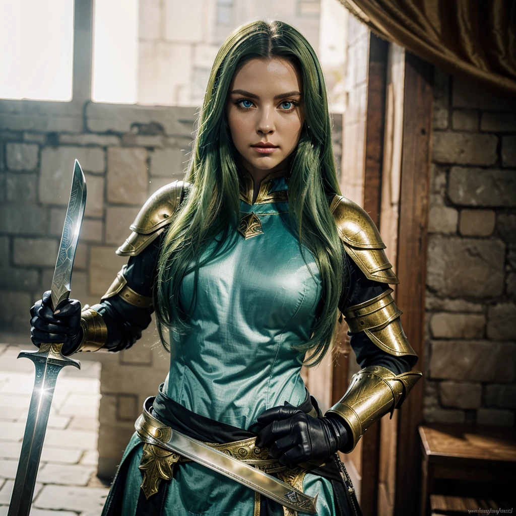 (a)beautiful woman long green hair blue gorgeous eyes,(a)golden armor,(a)silver armor,(a)mighty sword,(a)slaying,(a)horrible deamond creatures,background,(a)death deamonds,(best quality)