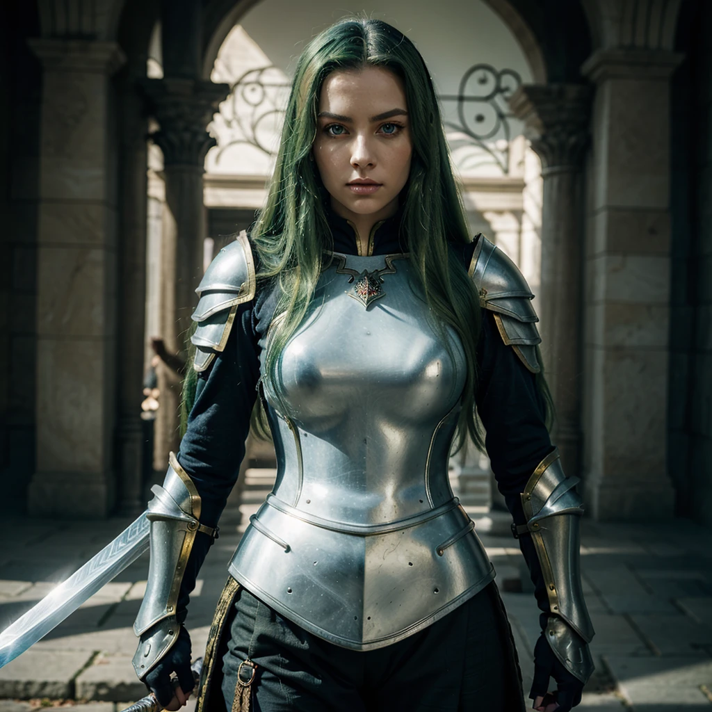 (a)beautiful woman long green hair blue gorgeous eyes,(a)golden armor,(a)silver armor,(a)mighty sword,(a)slaying,(a)horrible deamond creatures,background,(a)death deamonds,(best quality)