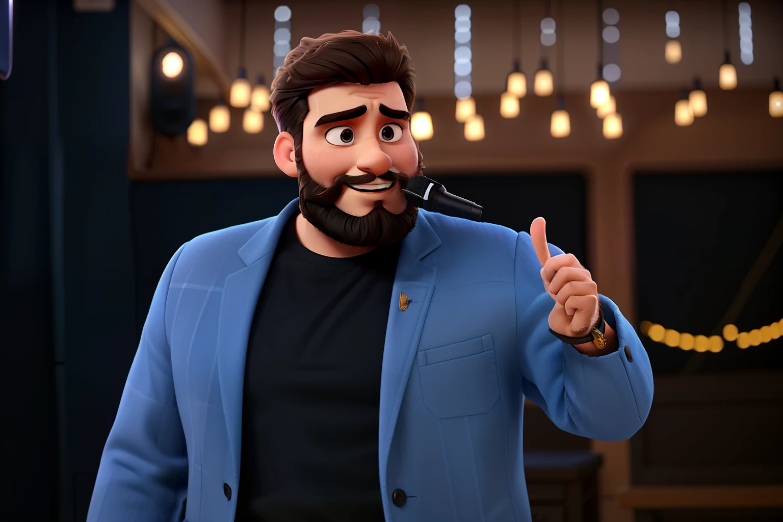 a man with a beard and microphone giving a talk in space disney pixar style high quality, melhor qualidade