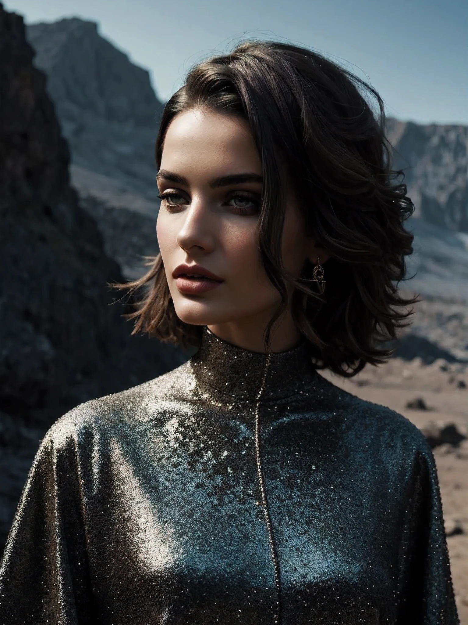 Mixed eclectic beauty in beautiful bright Cinematic scene obscured by Tectonic crater, High fashion portrait seen