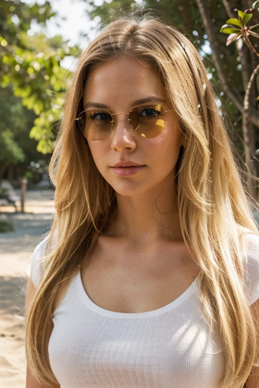 "A photorealistic portrait of a 25-year-old American girl with long, flowing blonde hair and striking blue eyes with sunglass Wearing white t-Shart. She should have a natural, approachable expression and be illuminated by soft, golden-hour sunlight. The background should be a scenic outdoor setting, perhaps a sunlit beach. Capture this image with a high-resolution photograph using an 85mm lens for a flattering perspective."