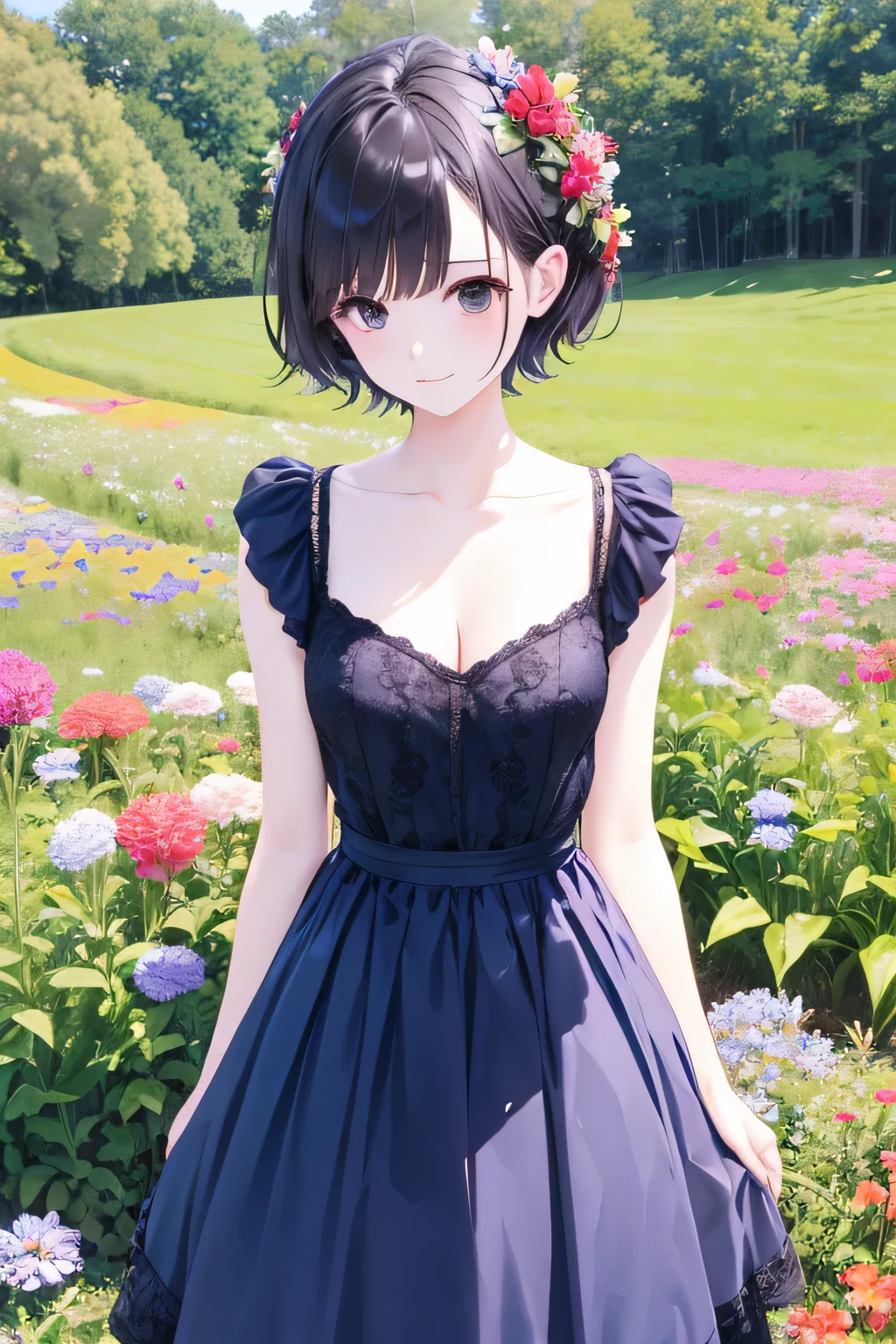 mature pretty girl, short hair, fancy ball dress, blue dress, brown eyes, pale skin, slim figure, black hair, red accesories, flowery meadow backgroung