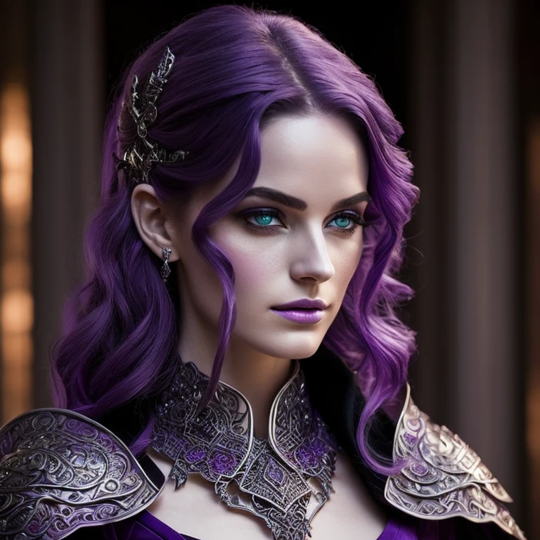 The pale purple Tiefling stands regally in a temple Her skin is smooth and pale. Her prominent, curved horns protruding elegantly from her forehead. The horns have a subtle iridescent sheen, reflecting a soft glow.
Radiant shoulder-length purple hair falls in sleek waves around her delicate face, framing it in an ethereal and mesmerizing manner. The vibrant purple hue boasts a lustrous quality, while subtle streaks of pale lavender add depth and visual interest.
Her eyes, a striking shade of silver, mesmerize and captivate like twin suns. The rest of her facial features, a slender nose, and elegantly arched eyebrows. She wears an intricately tailored suit of heavy armor adorned with arcane symbols woven into the metal . The armor's color, a fusion of deep purples and blacks, with Delicate, silver-threaded adornments