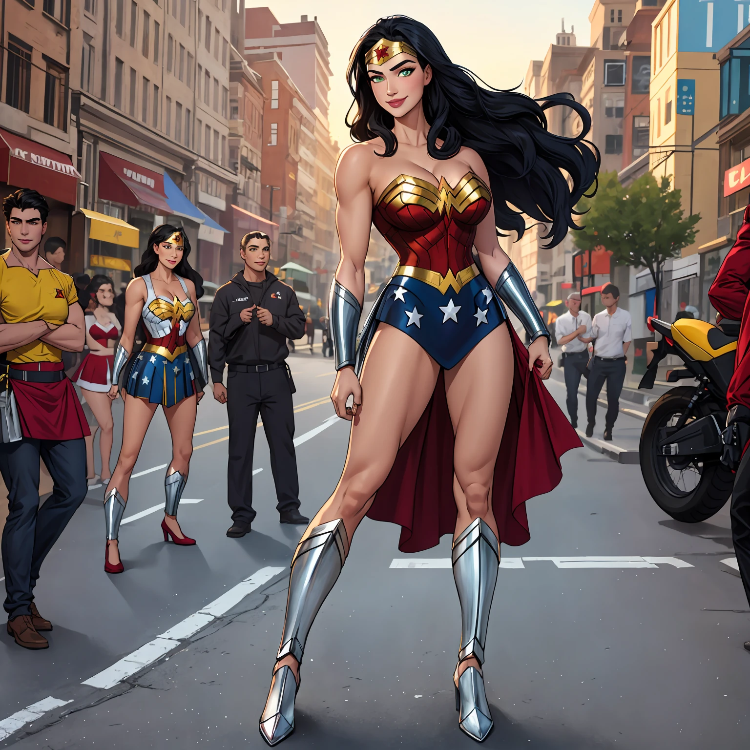 (((full body photo)))  masterpiece， Best quality at best， 1girl， Wonder Woman， Large breasts，（cleavage)，（upperbody closeup)，Raised sexy，is shy，smile， long flowing hair， （Green eyeballs:1.4)， the city building, busty figure, wonder woman uniform, white skin girl, fair skin, light skin, white ethnicity, white race, beautiful European beauty, beauty standards