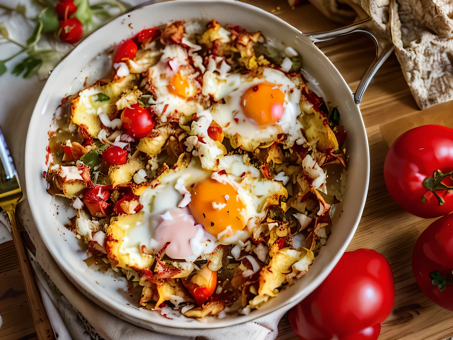 there is a pan of eggs and tomatoes on a table, eggs, chilaquiles, ratatouille style, hearty breakfast, inspired by Géza Dósa, romanian, italian masterpiece, high rendering, the best ever, brazilian, ❤🔥🍄🌪, yummy, the best, sakimi, by Juan O'Gorman, high quality picture