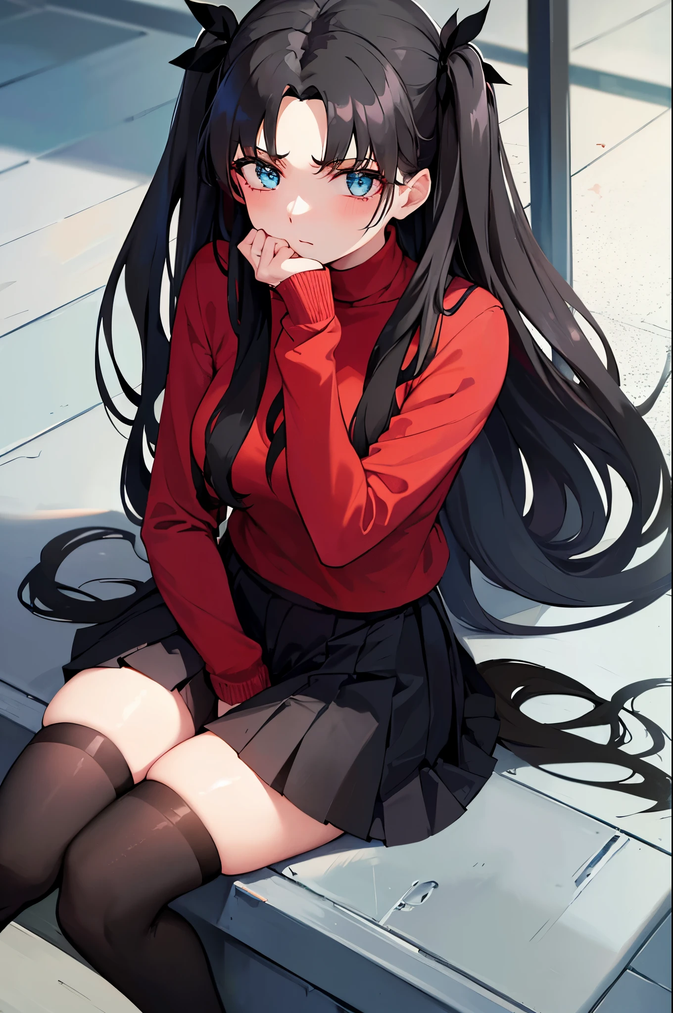 black hair blue eyes sweater mini skirt tights red coat Cuddle your cat sit sky at dawn Inside the building Knee-high boots masterpiece Highest image quality noise removal clear parts cinematic shadow Increased attractiveness of the eyes clear parts the shine of the eyes Draw eyelashes neatly perfect eyes detailed eyes Sharpen image quality Sharpen eye writing clear parts eye shape