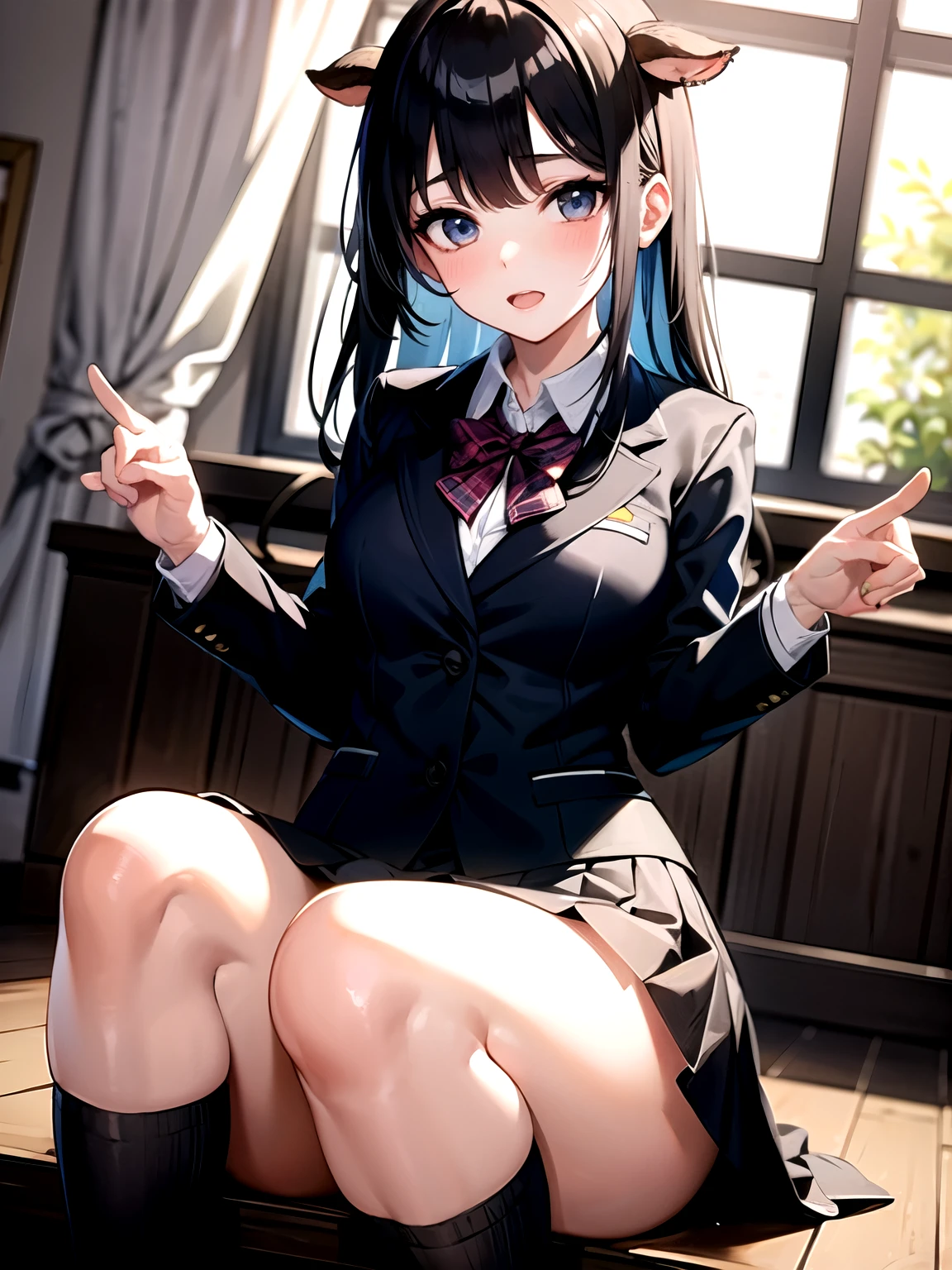 (nsfw),masterpiece,ultra detailed,sharp focus,4k digital art,high resolution,(v sign with both hands:1.5),(aroused:1.5),bukkake,curvy female,(face focus),(navy blazer,long skirt,bow tie),black medium hair,tongue,at her room,(sweaty:1.2),grinning,cum on face,(trembling,flying heart-shapes),squatting and spreading legs,