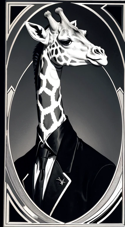 portrait of a french giraffe dressed, noble, aristocratic, simmetry, art deco, epic composition, dreamlike, absurdes, fantasy, use only black and white colors