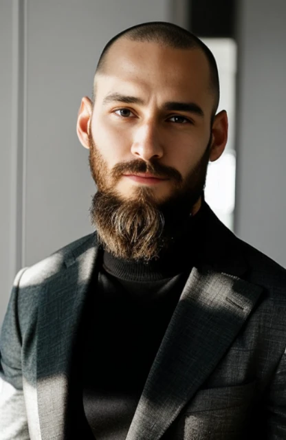 Hay un hombre con barba y una chaqueta de traje, calvo con barba corta, Hombre con barba, barba fina, very attractive Hombre con barba, barba bien recortada, con barba y camisa negra, Barba corta rubia oscura, hombre barbudo, barba ordenada, barba arreglada, Sharp jawline with a light beard, barba completa, with a small beard, barba afeitada