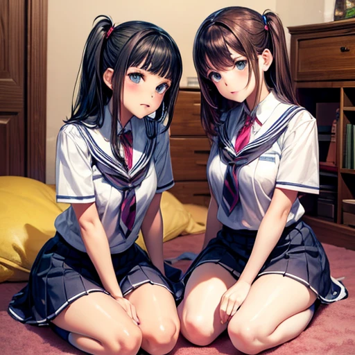 ((highest quality、High resolution、masterpiece))、(((2girls))), Portrait、A beautiful woman、Perfect body、beautiful ample breasts、classroom、high school girl、Sailor suit、Embarrassed、((Lift up your skirt and show your panties))、I&#39;m tempting you