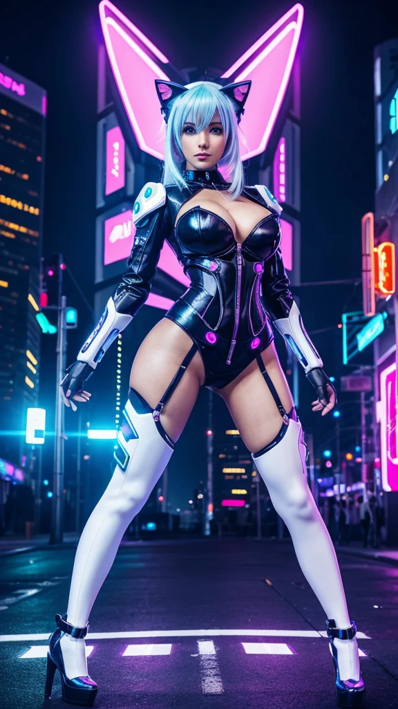 Gorgeous cat girl, futuristic sexy costume, Mecha, neon on a suit, cyberpunk, Open legs, big breasts, big ass, Slim waist, city   of the future, neon lighting, White hair, vibrant blue eyes, cat ears