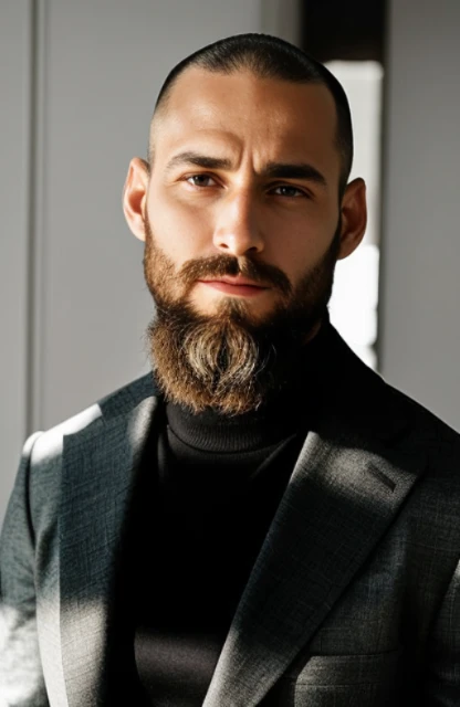 Hay un hombre con barba y una chaqueta de traje, calvo con barba muy corta, Hombre con barba, barba fina, very attractive Hombre con barba, barba bien recortada, con barba y camisa negra, Barba corta rubia oscura, hombre barbudo, barba ordenada, barba arreglada, razor-sharp jawline