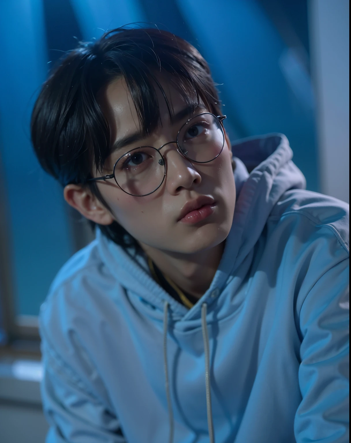 a closeup of a person wearing glasses and a hoodie, chave ainda, Kim Doyoung, Jung Jaehyun, Jinyoung Shin, hyung tae, cena destacada do filme, captura de tela de um filme, still from a live action film, fotograma de um filme, ainda de um filme, inspirado em Kim Myeong-guk, bladee da gangue de drenagem