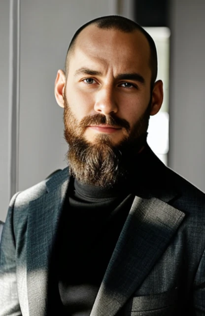 Hay un hombre con barba muy corta y una chaqueta de traje, calvo con camisa negra,