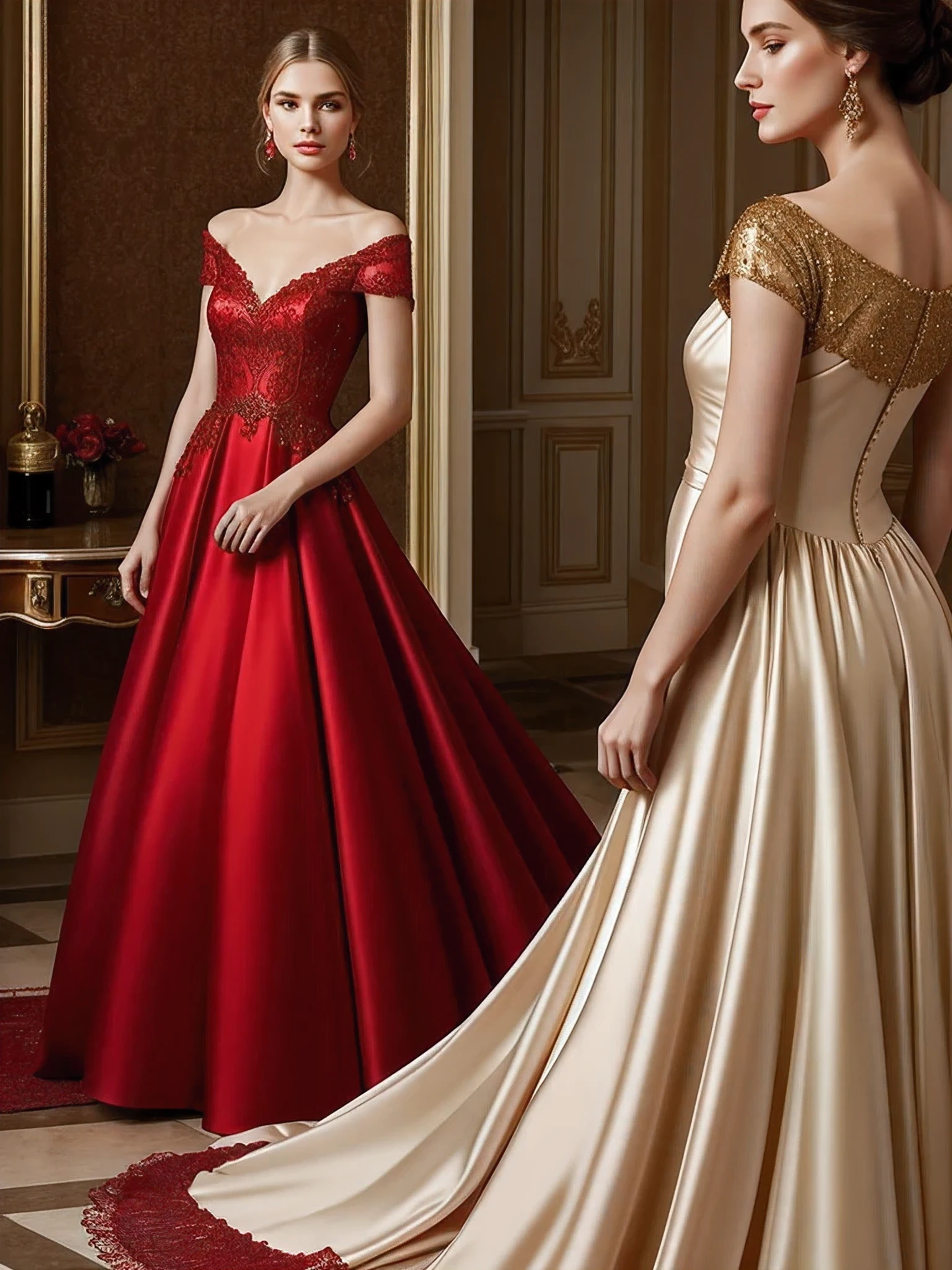 A haute couture dress is bathed in red, a soft and delicate shade that envelops the wearer in a romantic and feminine allure. Meticulously crafted, the dress captures the essence of grace and sophistication, utilizing the gentle gold hue to create a breathtaking ensemble that radiates timeless elegance and charm
