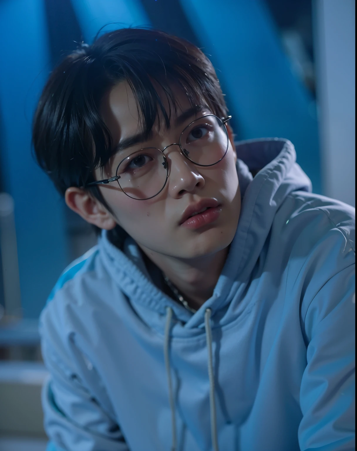a closeup of a person wearing glasses and a hoodie, chave ainda, Kim Doyoung, Jung Jaehyun, Jinyoung Shin, hyung tae, cena destacada do filme, captura de tela de um filme, still from a live action film, fotograma de um filme, ainda de um filme, inspirado em Kim Myeong-guk, bladee da gangue de drenagem