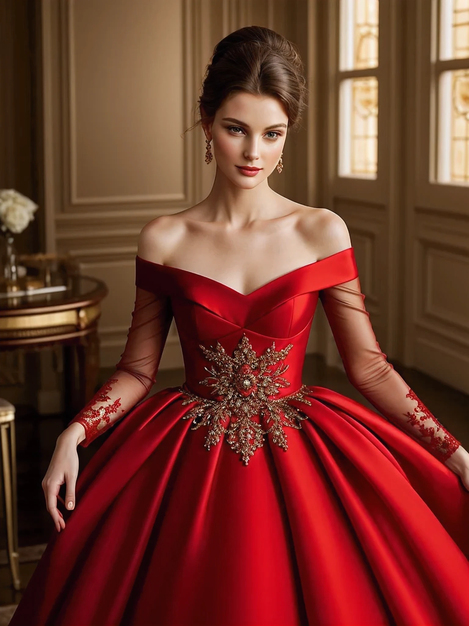 A haute couture dress is bathed in red, a soft and delicate shade that envelops the wearer in a romantic and feminine allure. Meticulously crafted, the dress captures the essence of grace and sophistication, utilizing the gentle gold hue to create a breathtaking ensemble that radiates timeless elegance and charm