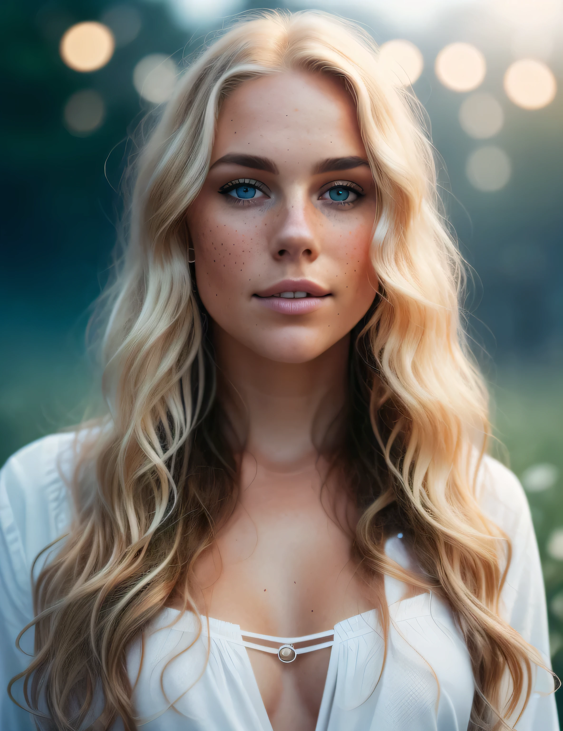 Professional portrait photo of a gorgeous Norwegian girl with a crowded outdoor night in the background, long wavy blonde hair, sultry sexy look, (freckles), gorgeous symmetrical face, cute natural makeup, realistic, concept art, elegant, highly detailed, complex, sharp focus, depth of field, f/1. 8, 85mm, mid, mid, (professional color grading)), clear focus, bright soft diffuse light, (volumetric fog), popular on Instagram, HDR 4K, 8K, fat