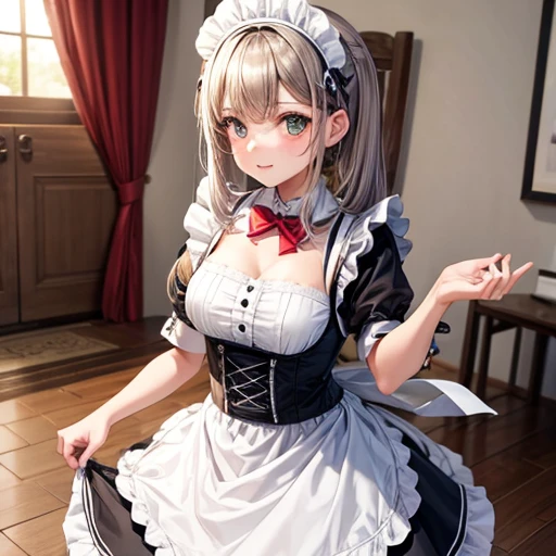 ((highest quality、High resolution、8K、masterpiece:1.3))、dynamic angle、wallpaper、1 girl、unparalleled beauty、ultimate beauty、super detailed face、delicate eyes、smile、sexy look、Depth of the bounds written、light particles、side light、((blonde、maid、maid服))、(lifting the skirt with both hands)、((expression of ecstasy、Looks embarrassed、the skirt is turned up、She lifts up her skirt and shows her white panties.))、perfect body、beautiful breasts、cleavage、exposed chest、tits、Thighhighs、thighs、slim、slender