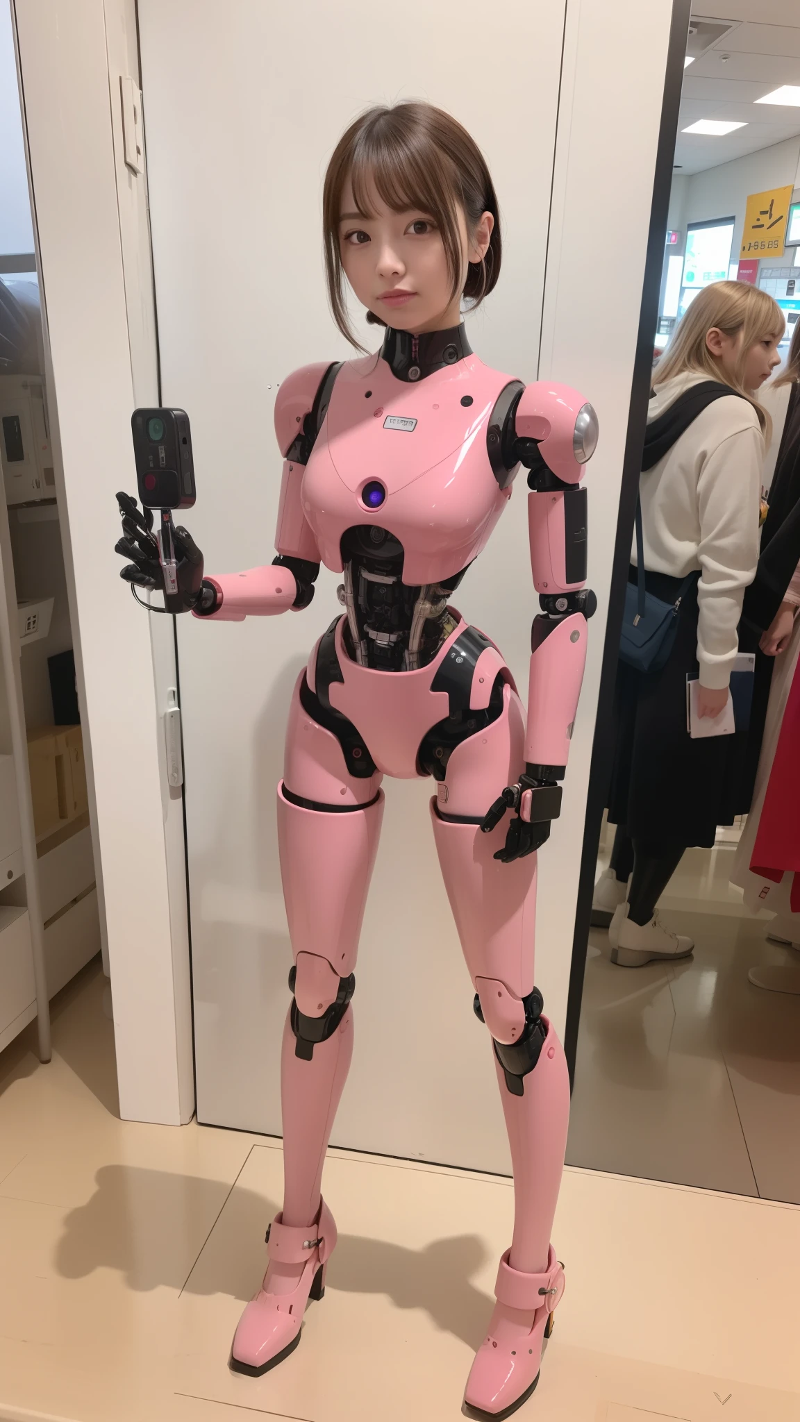 masterpiece, best quality, extremely detailed, (8K, 4K, Best Quality, Hight resolution, 超A high resolution:1.1), 8K portrait,1girl in, Japanese android girl, android teacher, control panels, android, Droid, Mechanical Hand, ,Robot arms and legs, Black hair, Mechanical body, Blunt bangs, Pink Robotics Parts, perfect robot woman, Charging spot, Long Tube, A thick cable was connected to her neck, ceramic body , android, robot humanoid, panty, full eyes, perfect mechanical body, pink robotics body, future assembly plant, Pink body, She has repaired, lack sponge joints, android assembly plant, android, laboratory, platform boots, perfect machine body, pink robot body