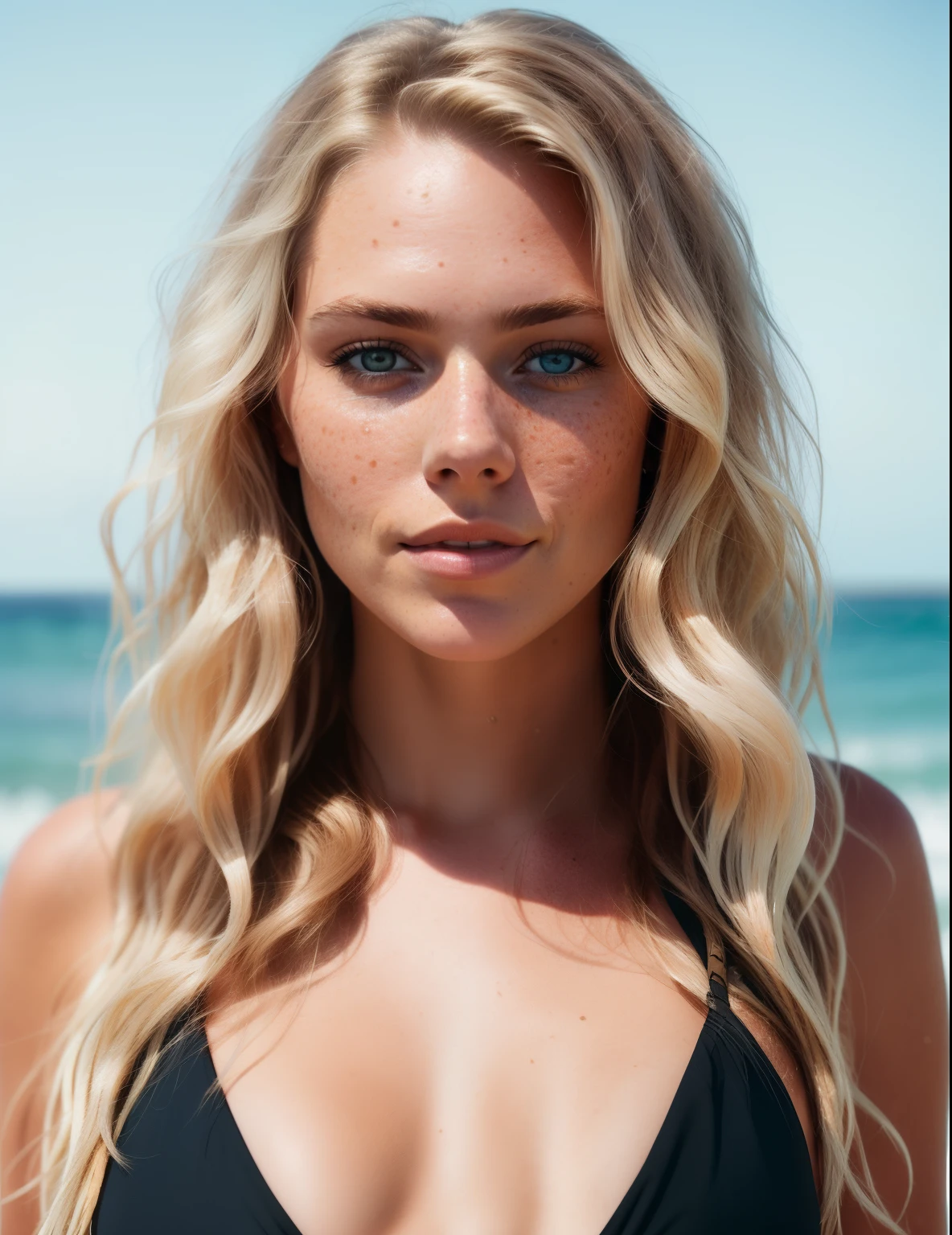 Professional portrait photo of a gorgeous Norwegian girl standing in front of beach, long wavy blonde hair, wearing black bikini, sultry sexy look, (freckles), gorgeous symmetrical face, cute natural makeup, realistic, concept art, elegant, highly detailed, complex, sharp focus, depth of field, f/1. 8, 85mm, mid, mid, (professional color grading)), clear focus, bright soft diffuse light, (volumetric fog), popular on Instagram, HDR 4K, 8K, fat