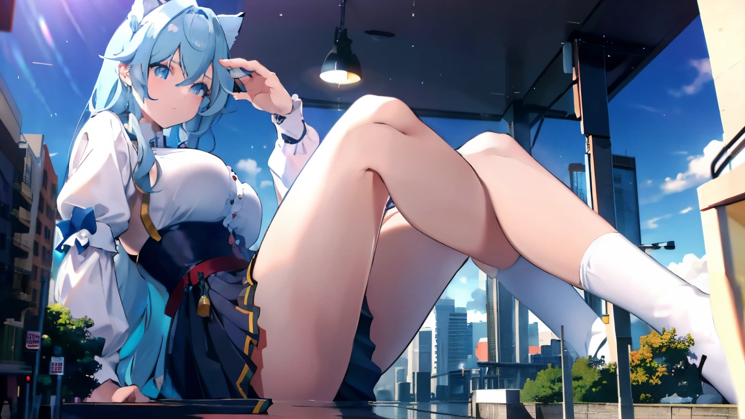 （（ best quality， 12k， masterpiece ：2））， Beautiful woman with perfect figure ：70.2，slim abs ：12，????????????：70，Leg lines：3，Body high：720 cm，头发The long度：700 cm，huge ???，Thick thighs,??????????? and thin waist，high socks，light blue hair，头发The long得离谱，Cat ear，black socks，The long，Blue eyes smile，The long腿，（（round frame glasses，Uniforms，Sailor suit，pleated skirt，Red bow）），Glowing blue eyes，sitting in a tall building，City，floor，balcony