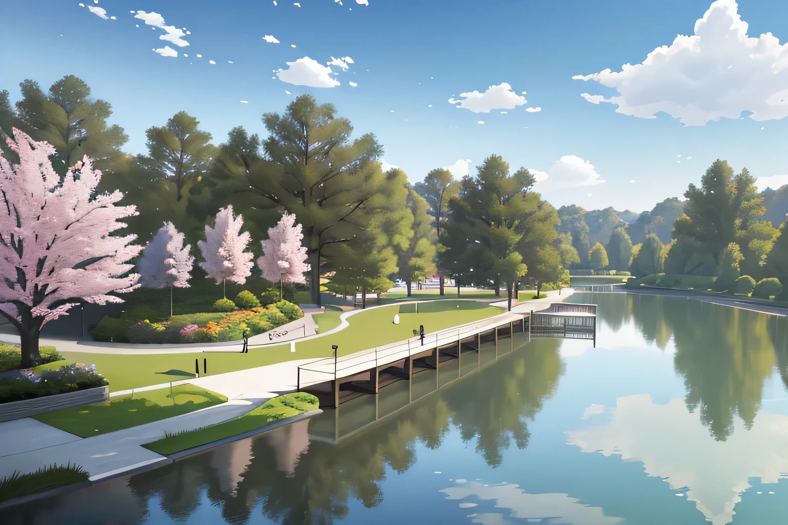 rendering of a park with a lake and a bike path, Photos from 2022, artist impression, parks and public space, impression of the artist, In the park and by the lake, Surrealism的, Surrealism, nice images, parks and lakes, rendering, detailed renderings, looks very realistic, detailed rendering, landscape architecture photo, artistic impression