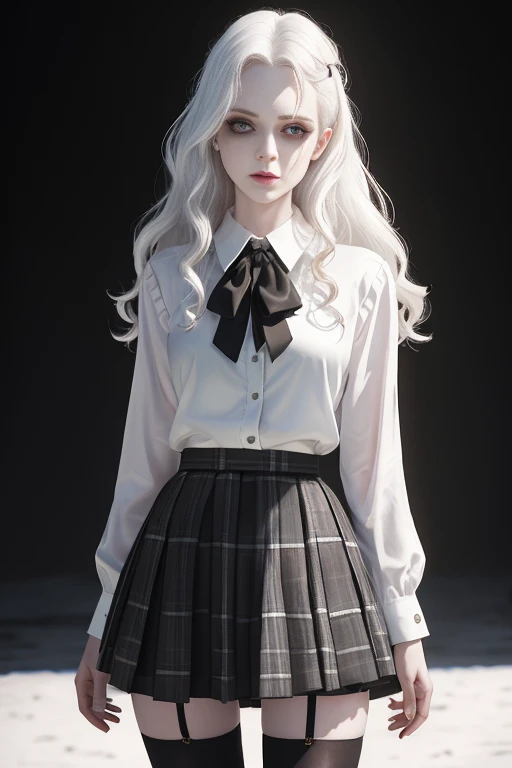 masterpiece, best quality, hyperrealistic, cinematic photo, undead woman, pale skin, slim body, White school blouse, black tartan skirt, black stockings, bruises on face, long wavy white hair, white eyes, large legs, perfect hands, decaying zombie face, perfect face, youthful, (Black background), modern style, (Cowboy shoot), upperbody, (view viewver), looking at viewer,(8k, epic composition, photorealistic, sharp focus), sophisticated background, DSLR, foil grain, backlight