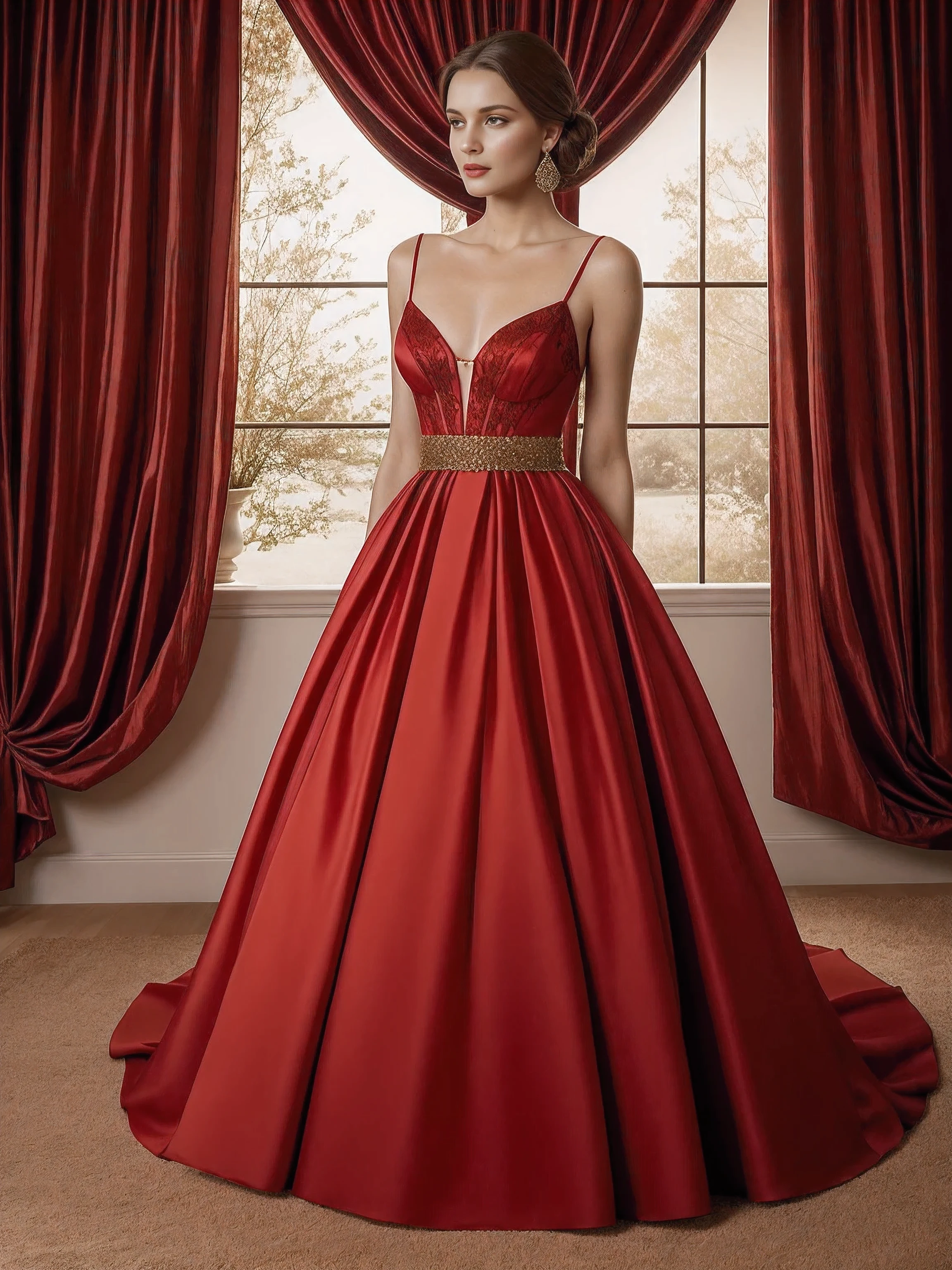 A haute couture dress is bathed in red, a soft and delicate shade that envelops the wearer in a romantic and feminine allure. Meticulously crafted, the dress captures the essence of grace and sophistication, utilizing the gentle gold hue to create a breathtaking ensemble that radiates timeless elegance and charm