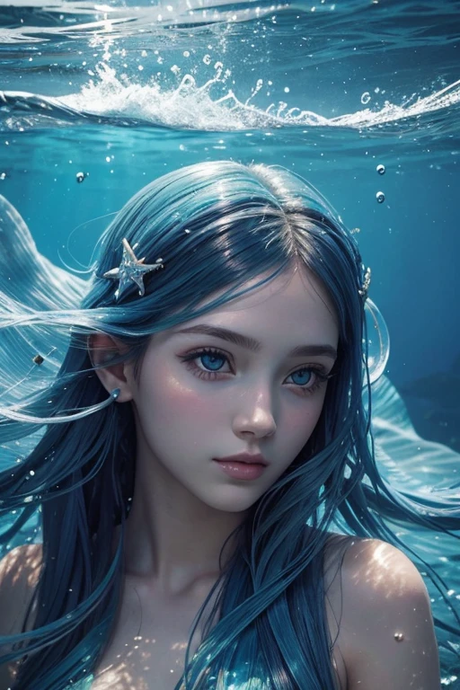 Mermaid Girl, blue long hair, beautiful and young, diadem, swimming freely alongside marine life, Realistic photo, clear correct and detailed face