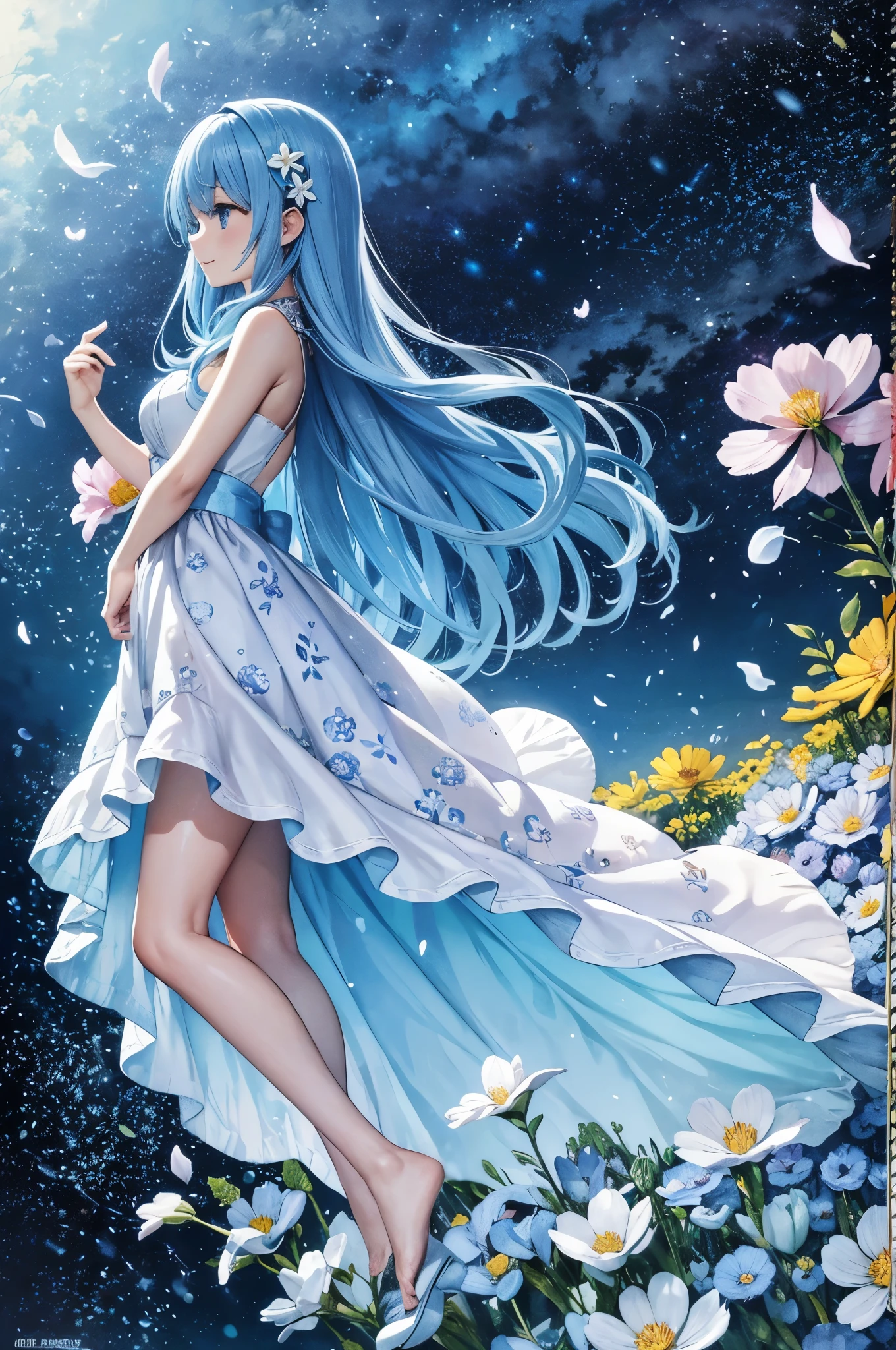 (High resolution、super detailed、nffsw、movie)、solo、1 girl、happiness、Girl Standing In Cosmos Flower Garden、Girl around the petals、charming smile、Full body Esbian、Long-haired girl with blue hair、light blueの髪、facing the front、fantasy、official art、pop art、profile、highly detailed face、highly detailed eyes、Cosmos Flower Garden、Ultra Detailed Fields、White blue sky、 light blue、blanche、nebula in the sky、watercolor painting、pastel colour